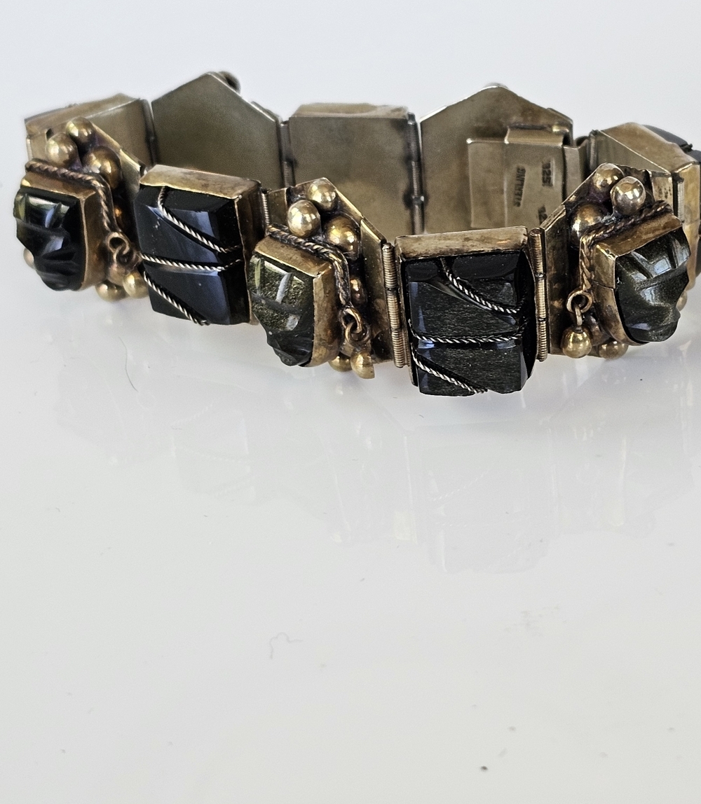 Vintage 1940s Black Onyx & Obsidian Sheen Aztec Warrior Panel Bracelet 7"